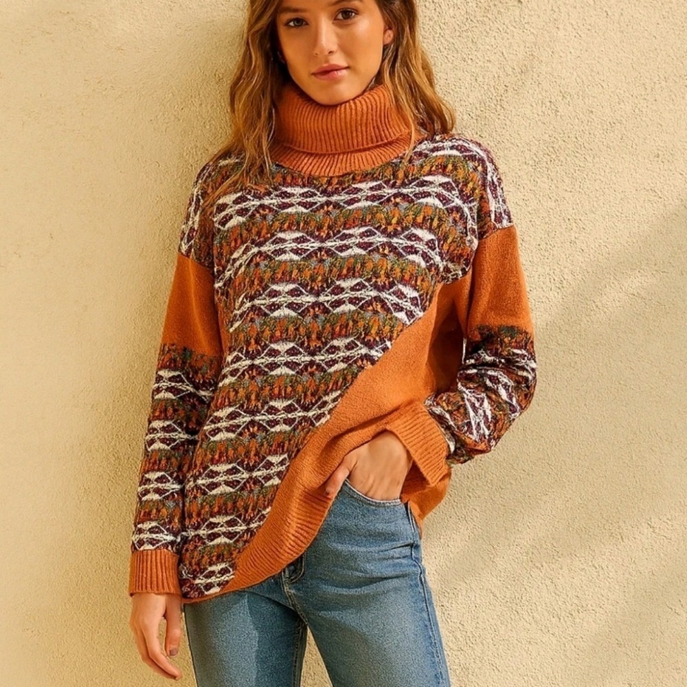 EASEL New Oversized Boho Southwestern Turtleneck Chunky Sweater Tunic SZ Large